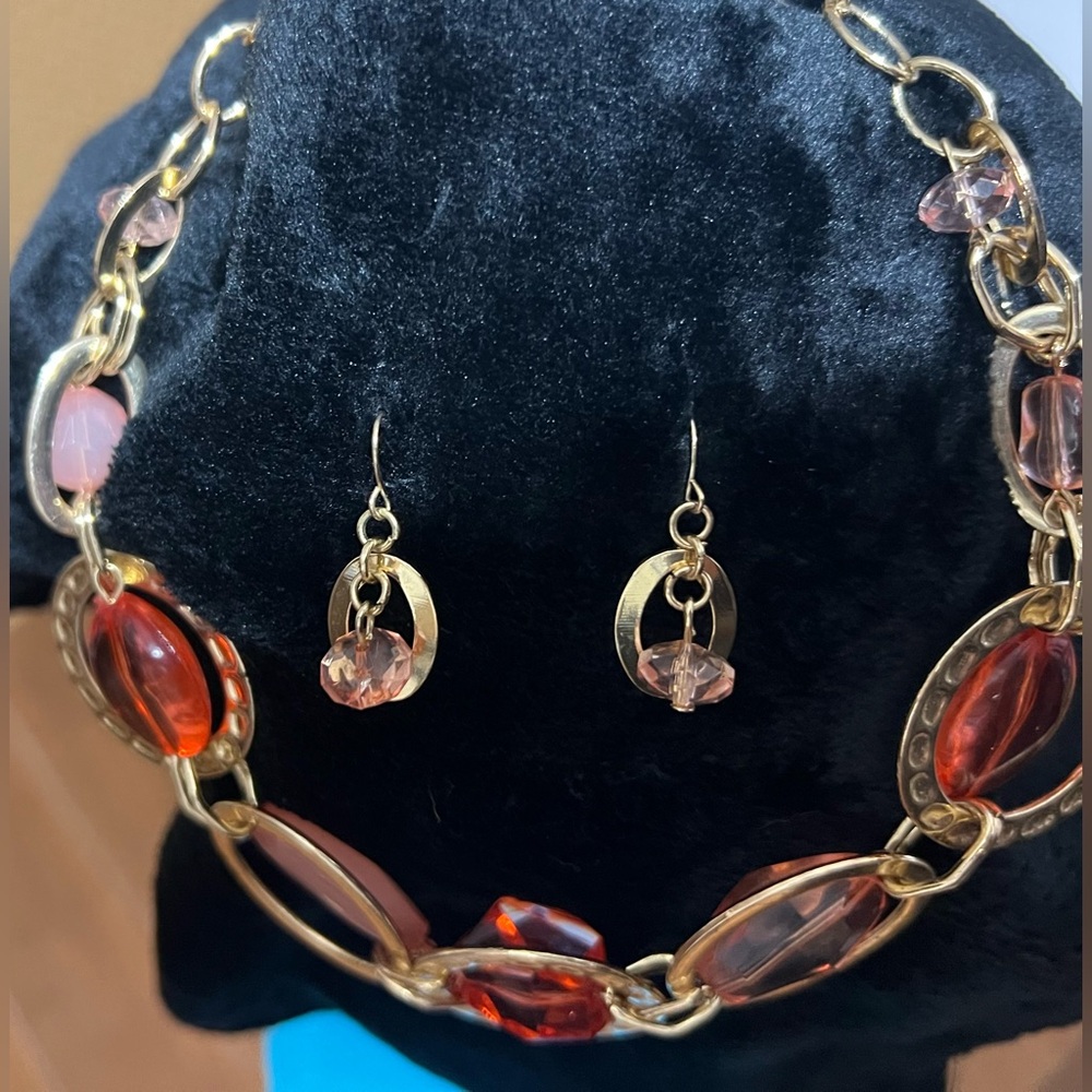 Women’s Choker With Large Gold Rings And Beads With Matching Dangly Earrings Set